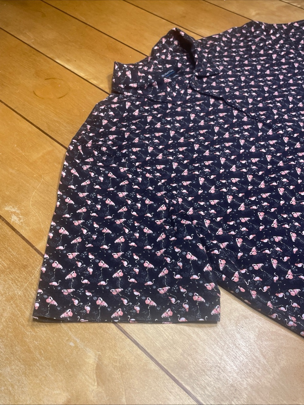 Bugatchi OooCotton 8 Way Tech Black Polo with Pink Flamingo Motif Size Large - Picture 6 of 16